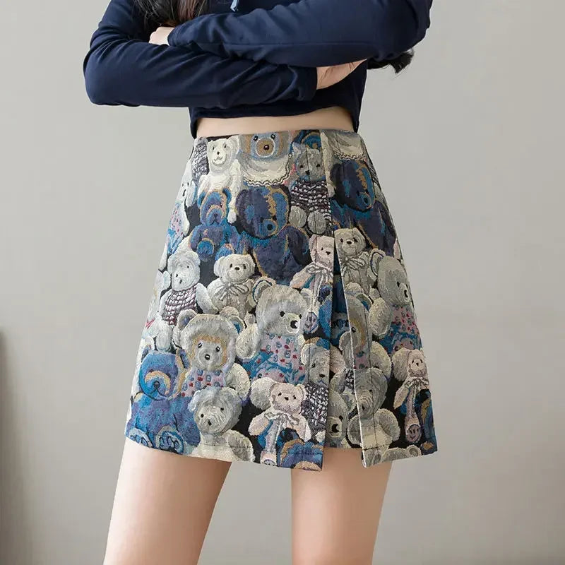 Bear Embroidered Mini Skirt – A-line with Split Detail