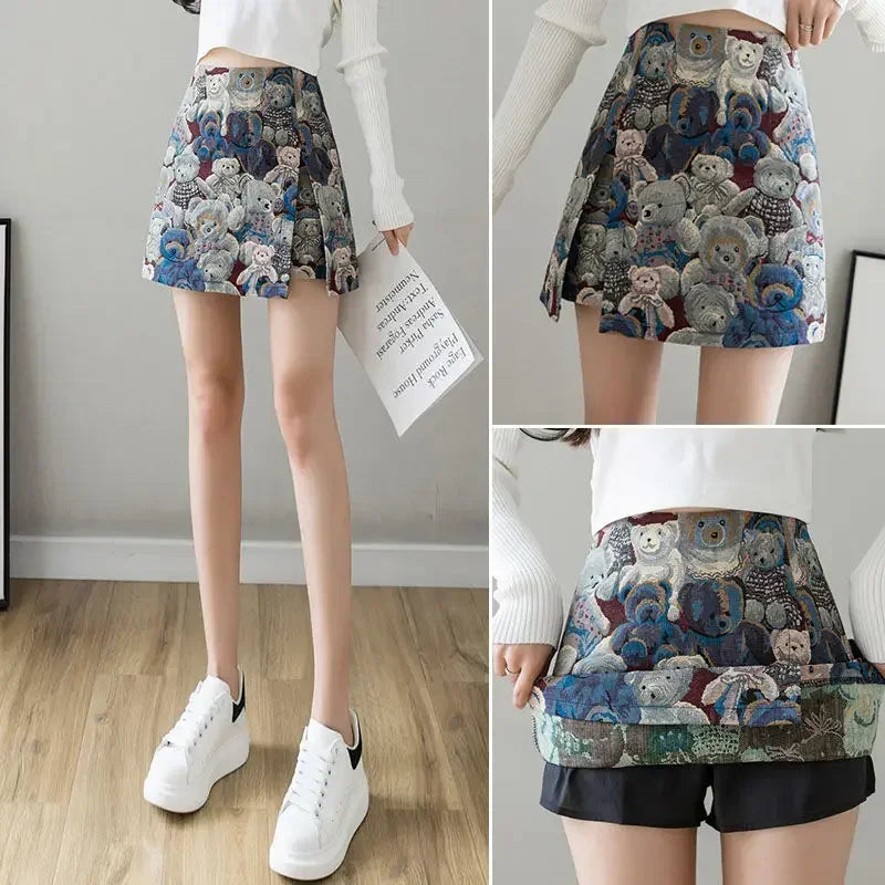 Bear Embroidered Mini Skirt – A-line with Split Detail